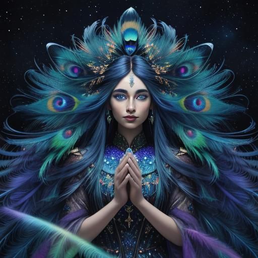 Cosmic Woman with Peacock Feathers Portrait