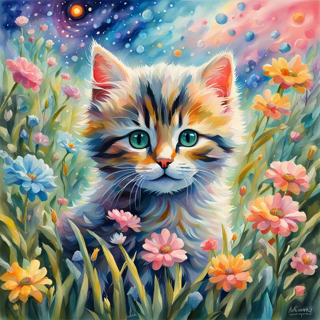 Pastel Kitten in Field: Watercolor Gouache Painting