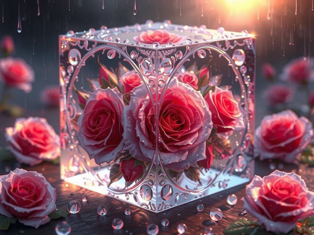 Hyperrealistic Portrait Inside Crystal Cube with Roses