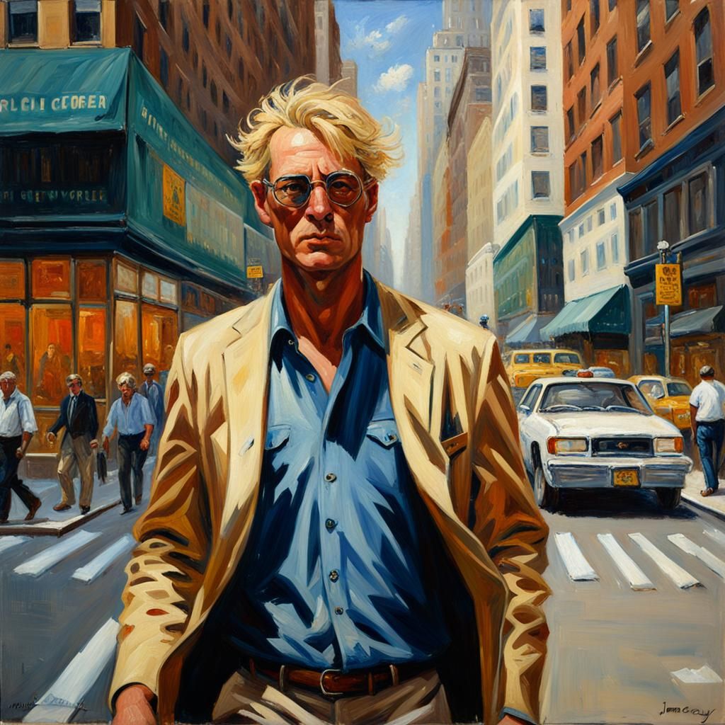Man Walking in New York Street, Oil Painting