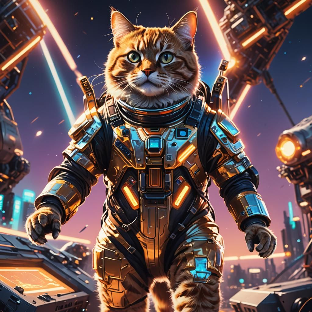 Neon Sci-Fi: Cat Astronaut Launching into Space