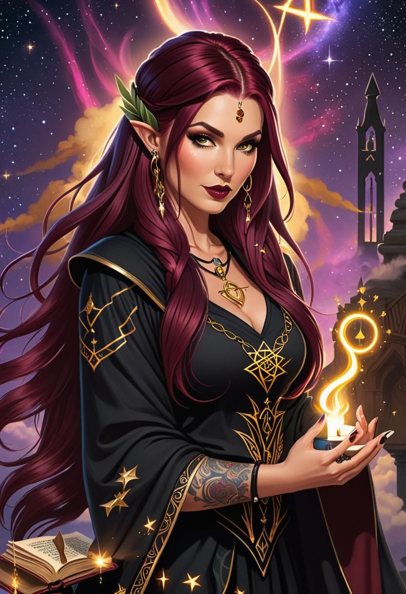 Elegant Wiccan Woman with Magical Book and Castle