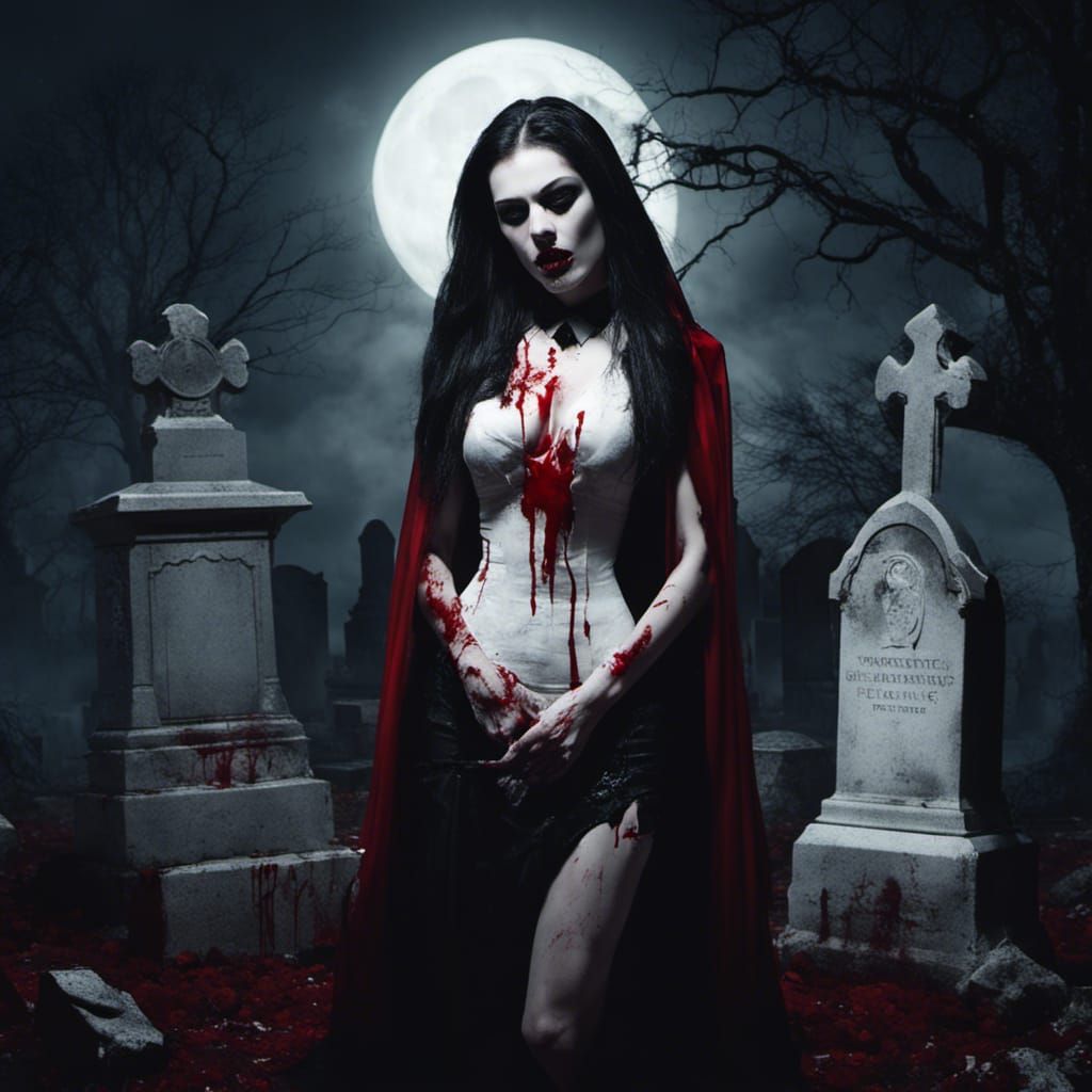 Vampiress in Graveyard with Dripping Headstone