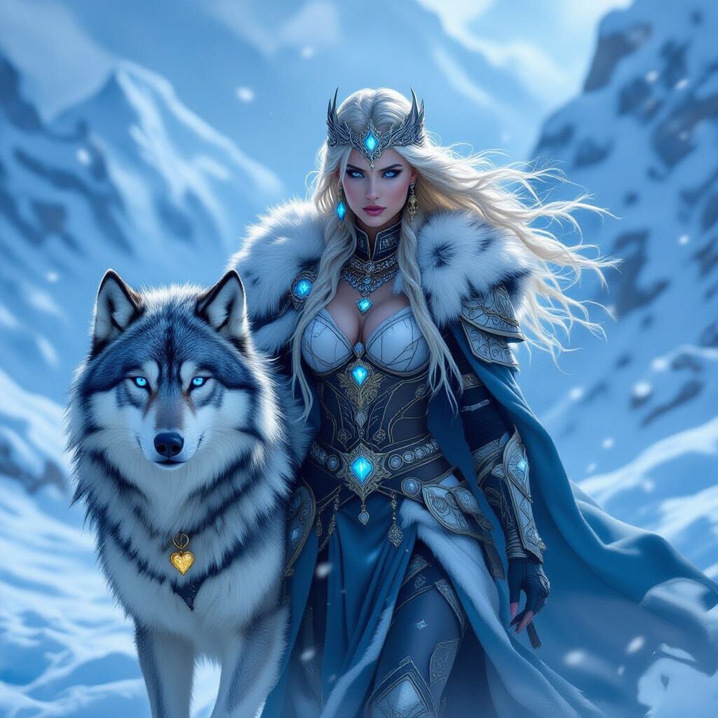 Valkyrie and Wolf Traverse Snowy Mountains in Neo-Impression...