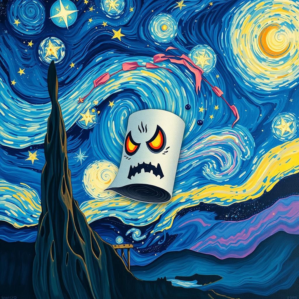Creepy Paper Towel Mascot in Van Gogh Starry Night