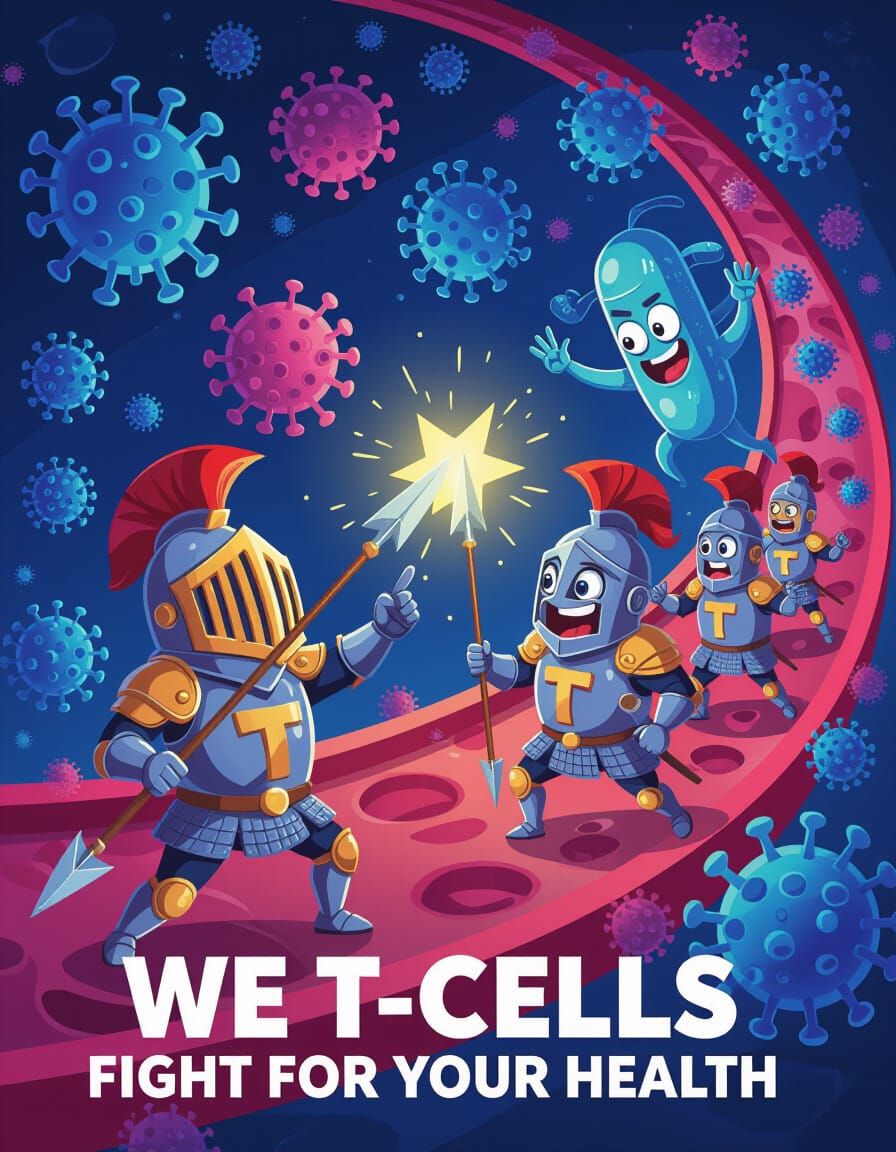 Immune System T-Cells Battle Bacteria and Viruses in Cartoon...