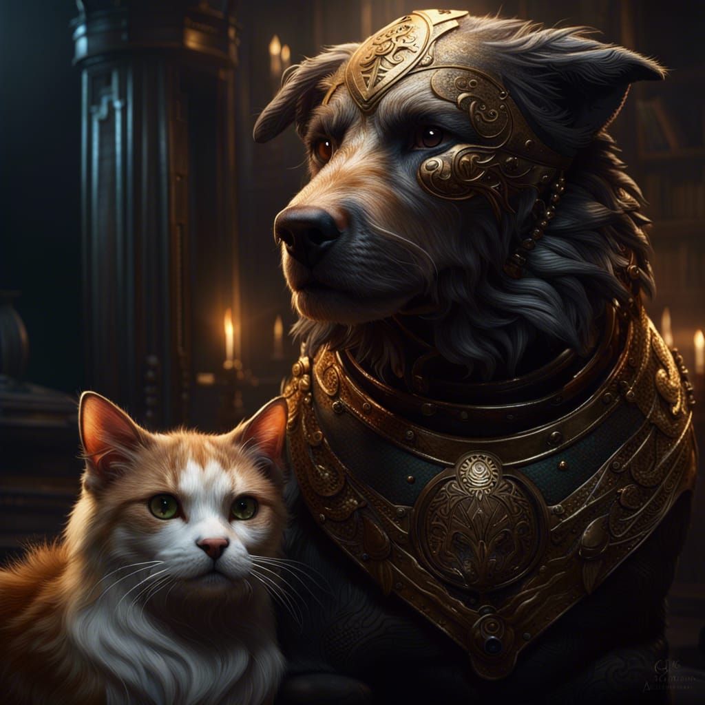 Dog and Cat in Dark Fantasy Style