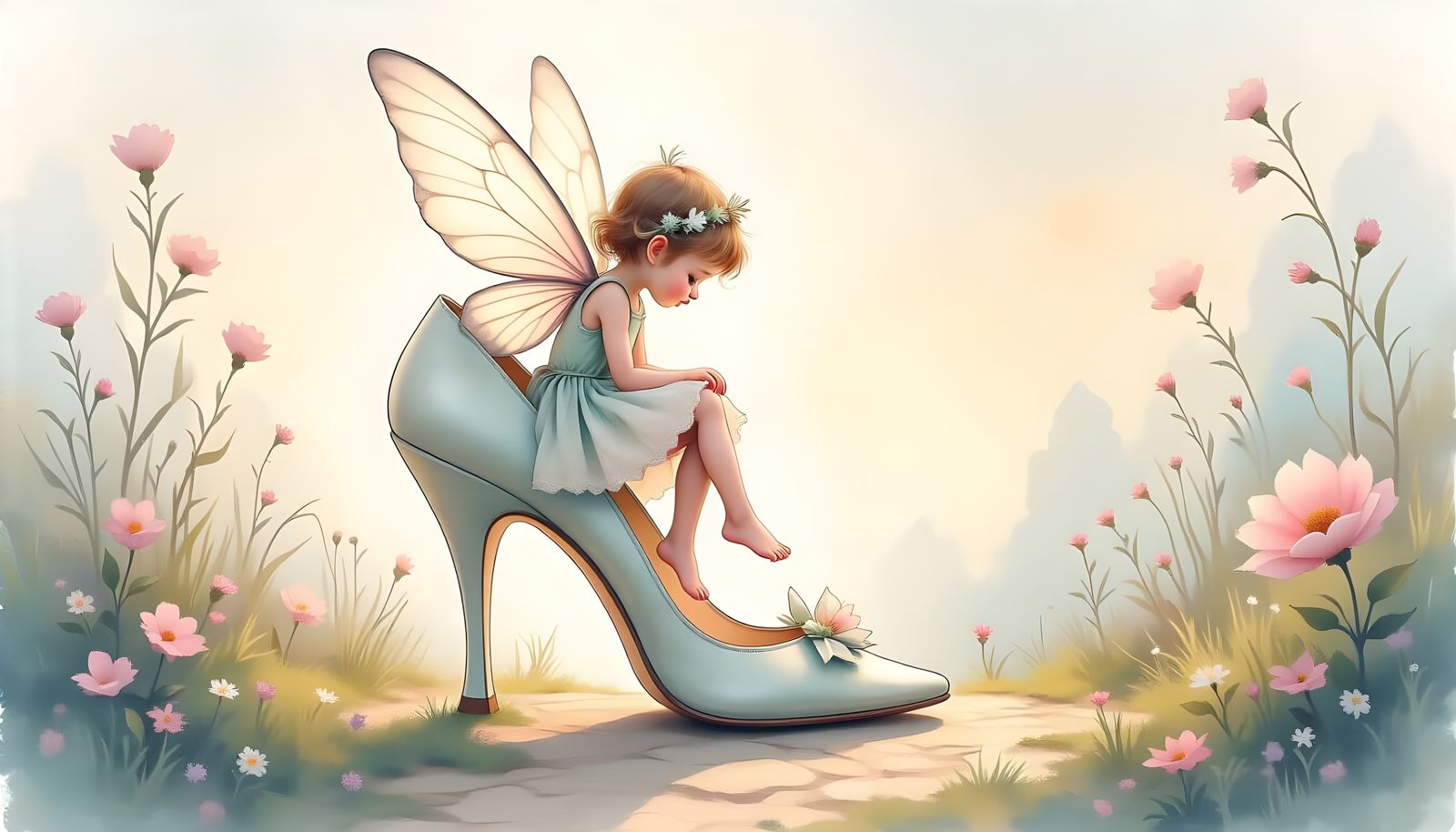 Fairy Child and Giant Shoe in Watercolor Style
