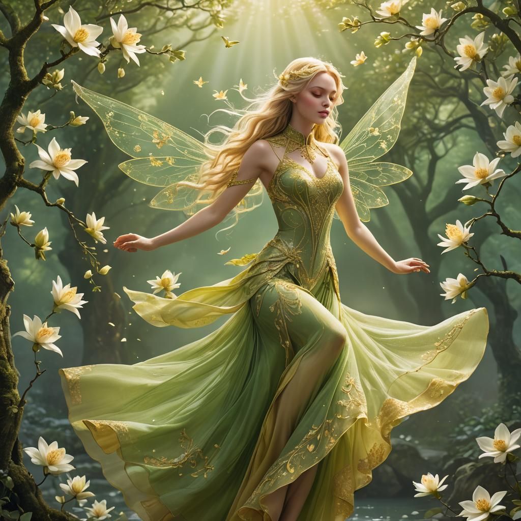 Ethereal Green Fairy in Yellow Gown with Wings
