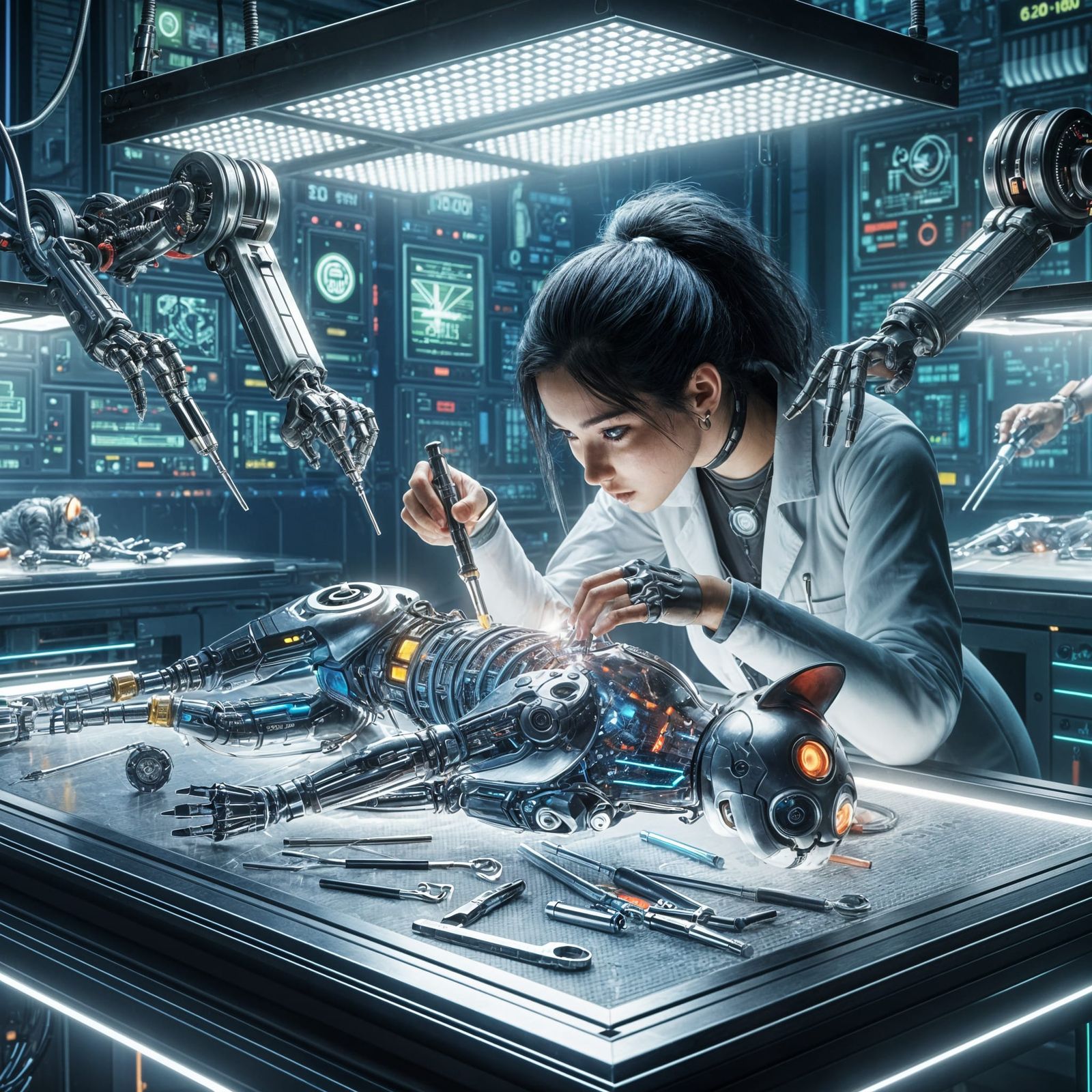 Cyber Animal Vet Operating on Cyberpunk Cat