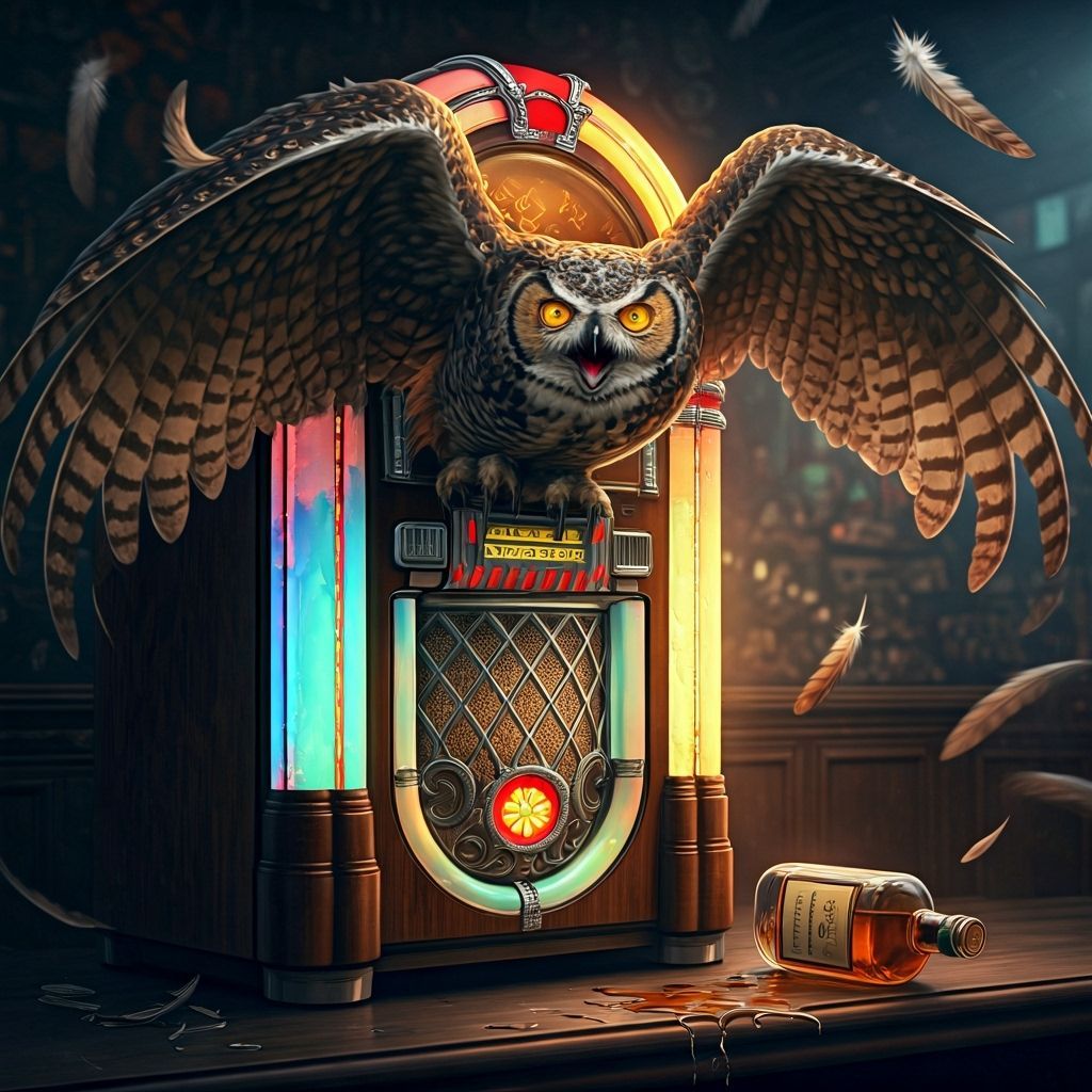 Great-Horned Owl Squatting on Jukebox in Dive Bar