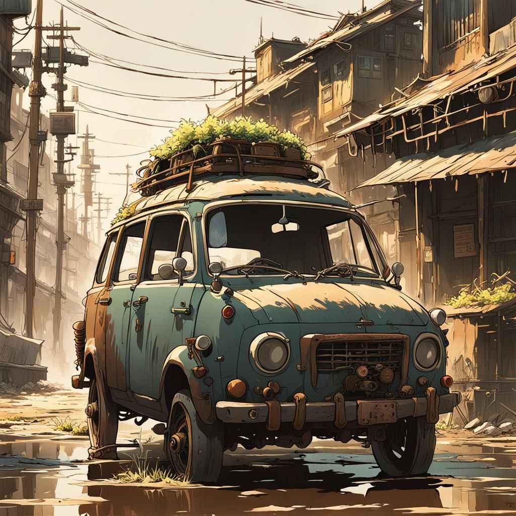 Post-Apocalyptic Car in Anime Key Visual Style