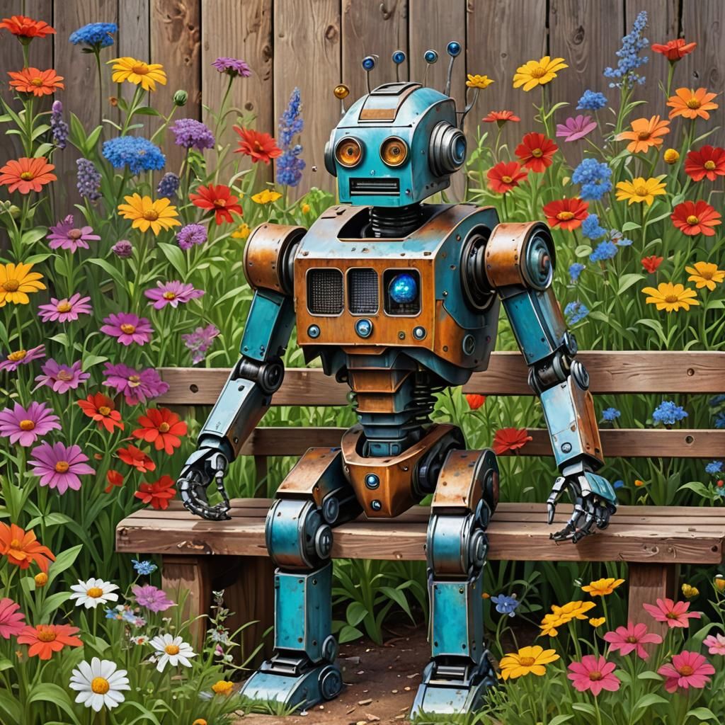 Robot in a Garden with Colorful Flowers