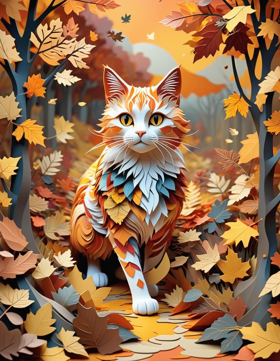 Paper Art Cat with Autumn Leaves in Fall Landscape