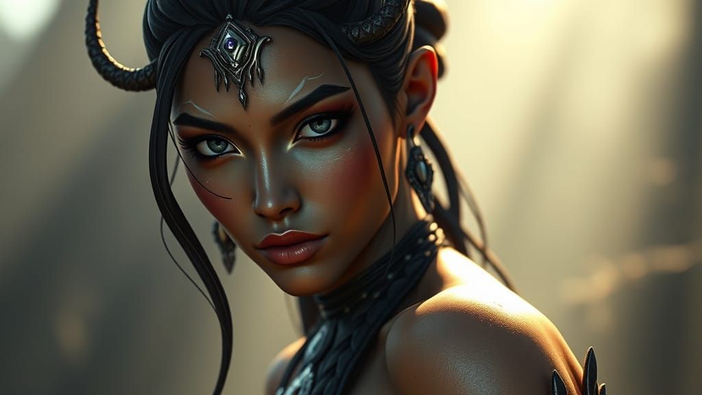 Shapely Naga Woman with Captivating Eyes in 3D Style