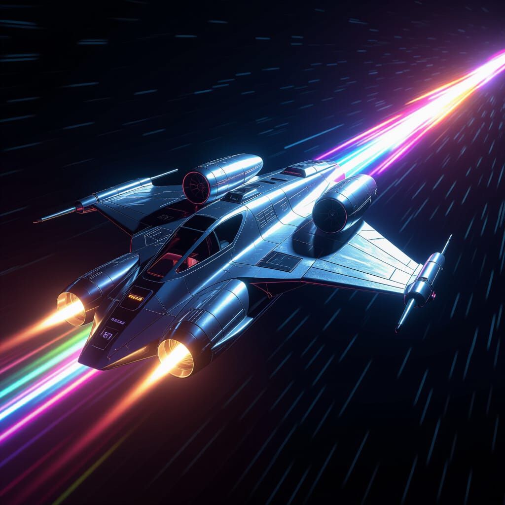 Gleaming Silver Spaceship in Neon Nebula