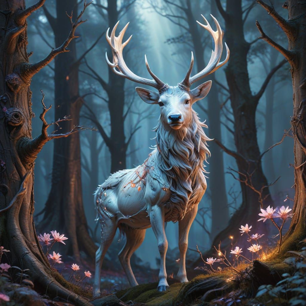 Majestic White Stag in Enchanted Forest with Magical Cross a...