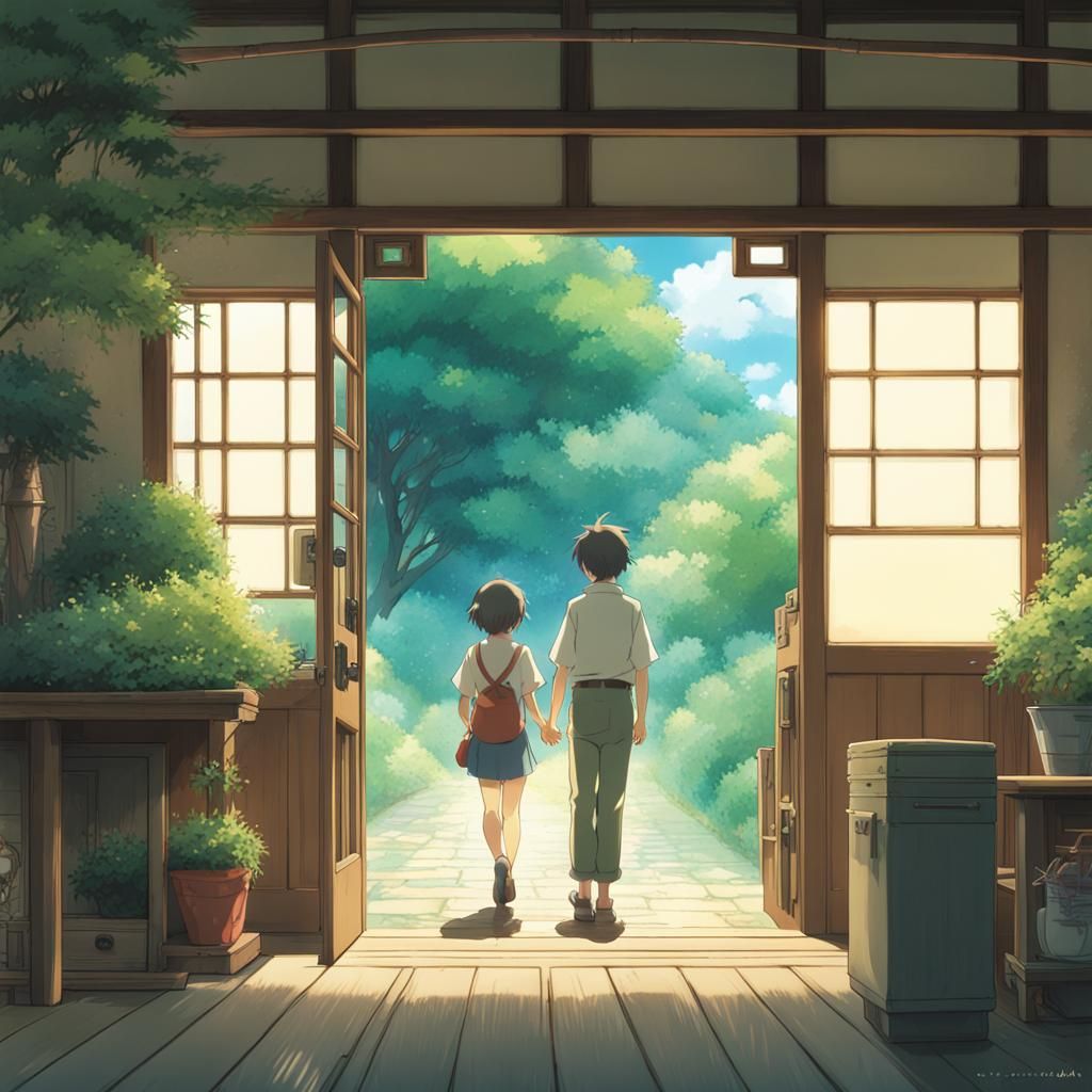 Loving Embrace in Studio Ghibli Anime Style