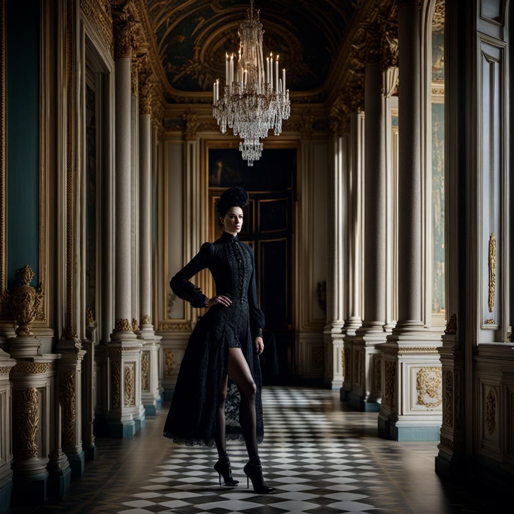 Elegant Woman Poses in Victorian Dining Room, Noir Style