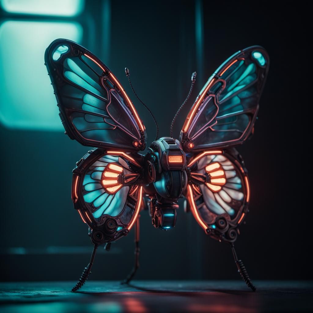 Robotic Butterfly with Neon Wings in Cyberpunk Style