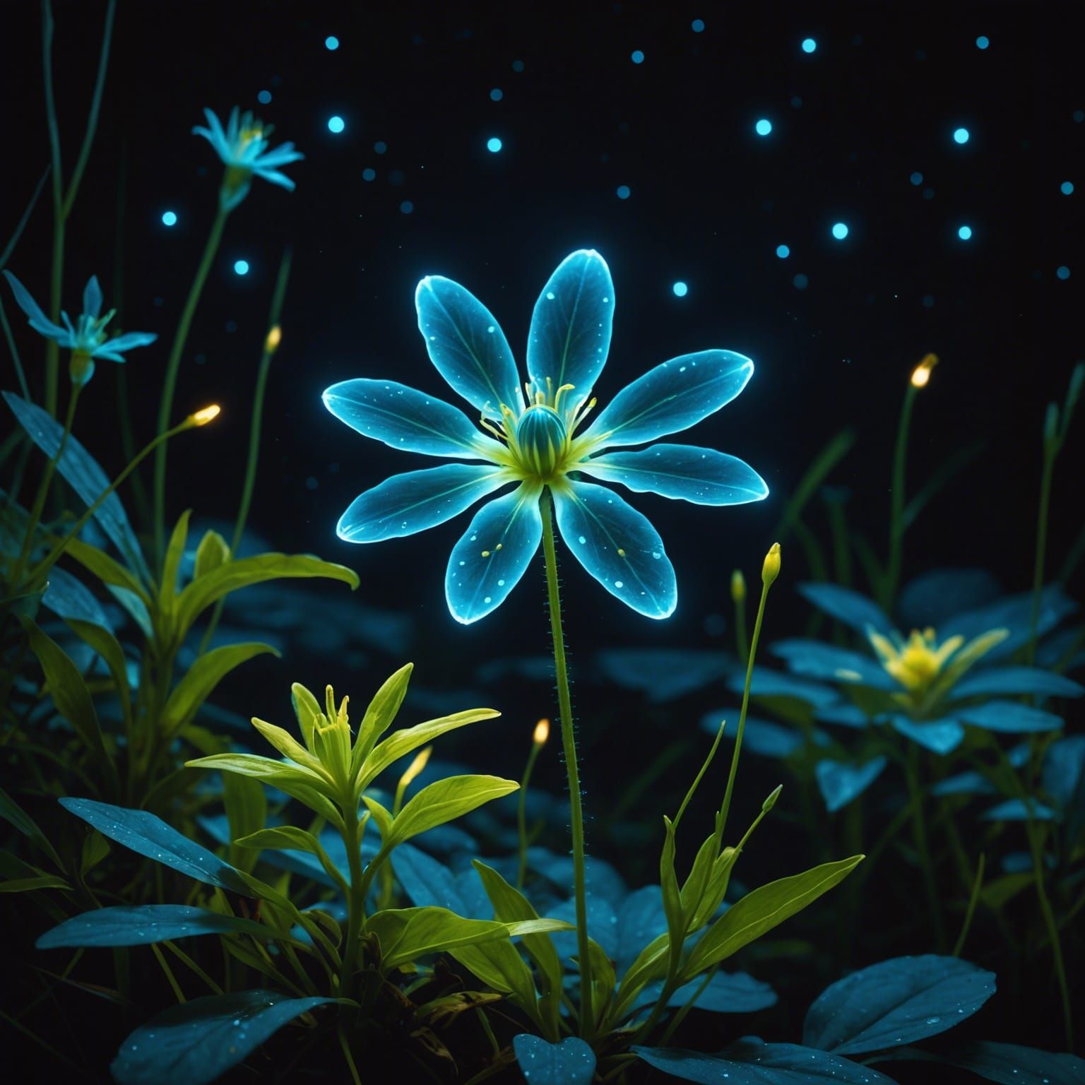 Bioluminescent Flower with Fireflies at Night
