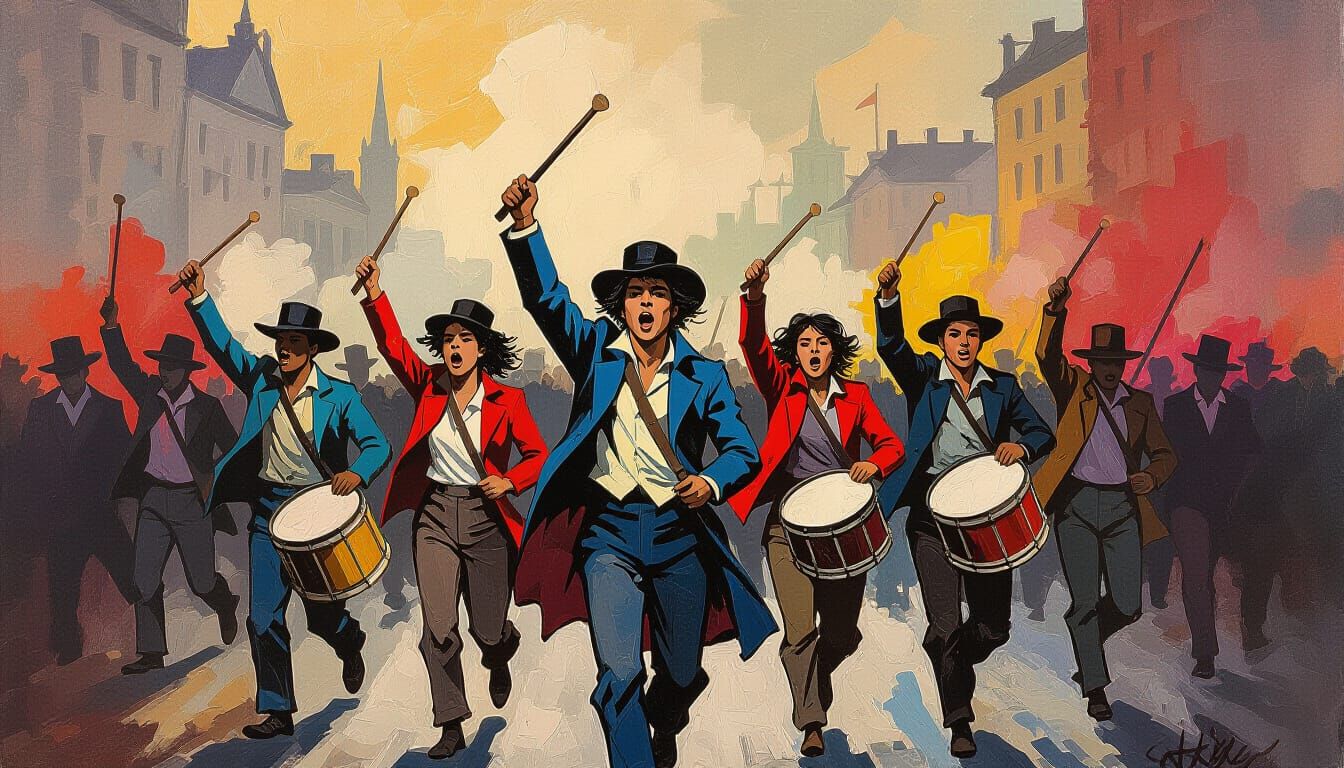 Revolutionaries Marching in Gouache Style