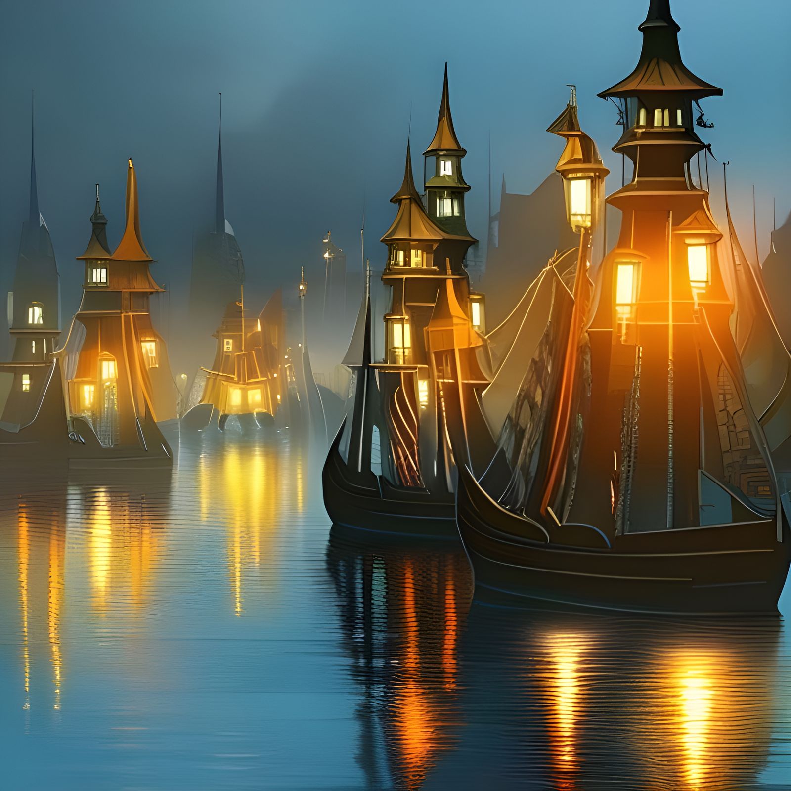 Horses with Lanterns in Rainy Gothic City