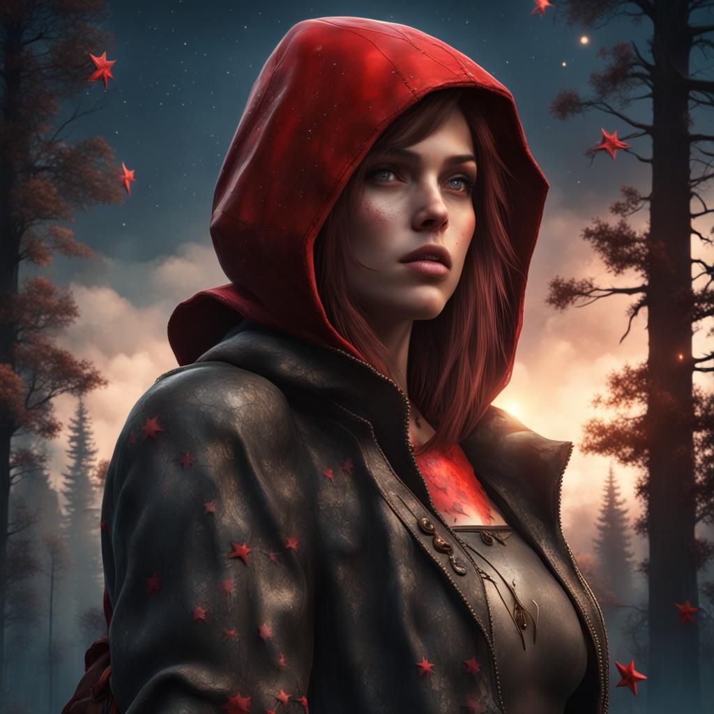 Red Hood Girl in Forest Under Starry Sky