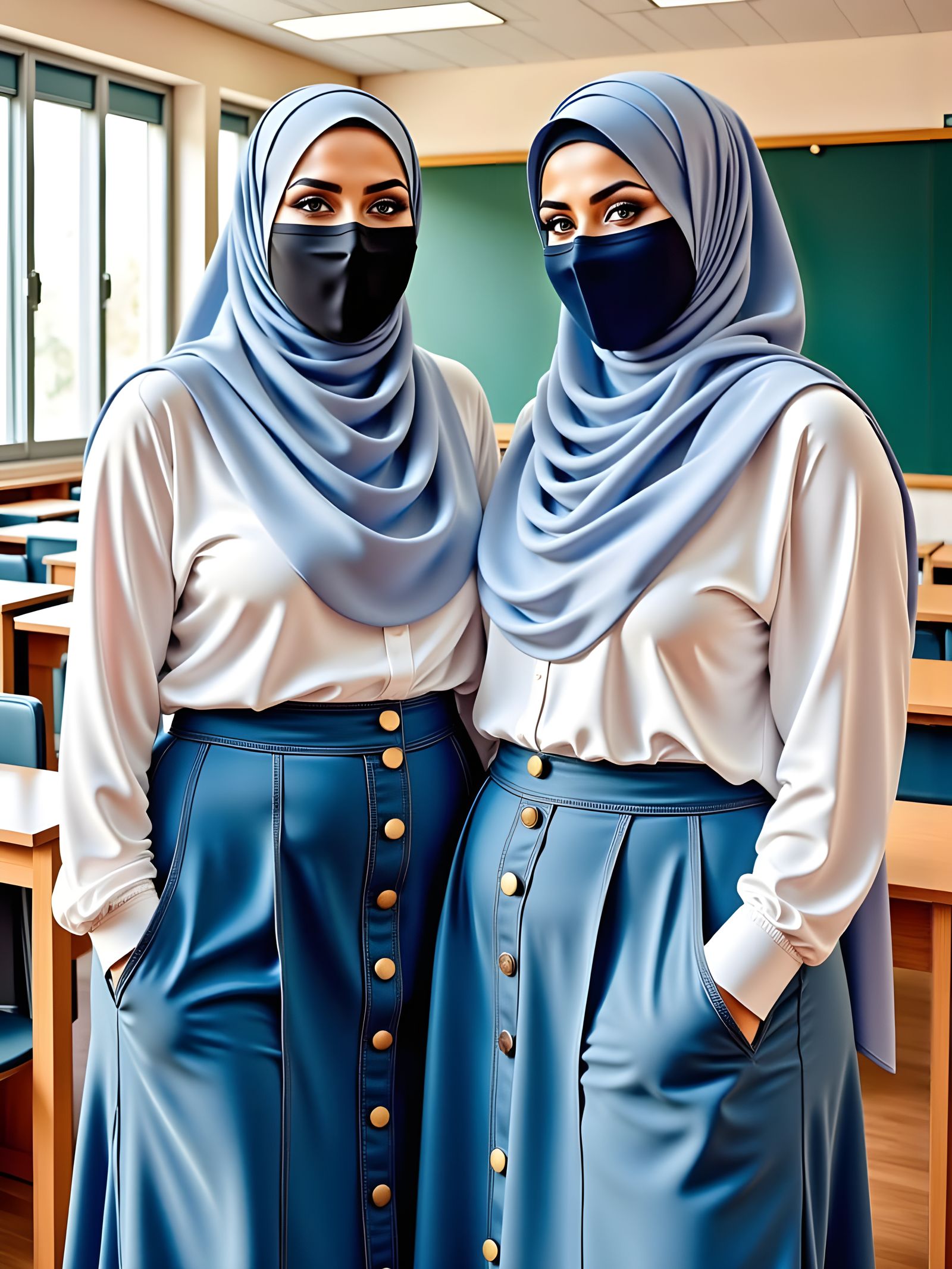 Two Modest Hijabi Teachers in Watercolor Style