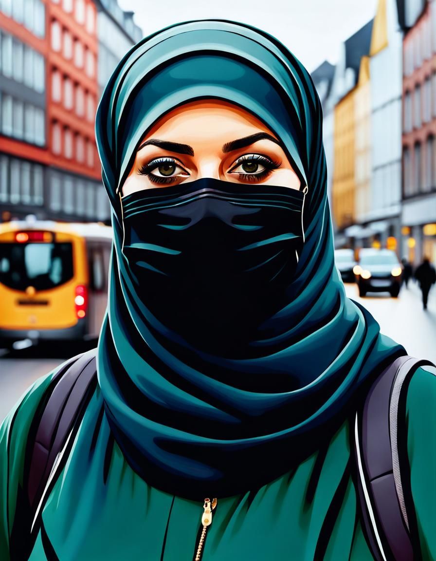European Woman in Hijab Walks in Hamburg City