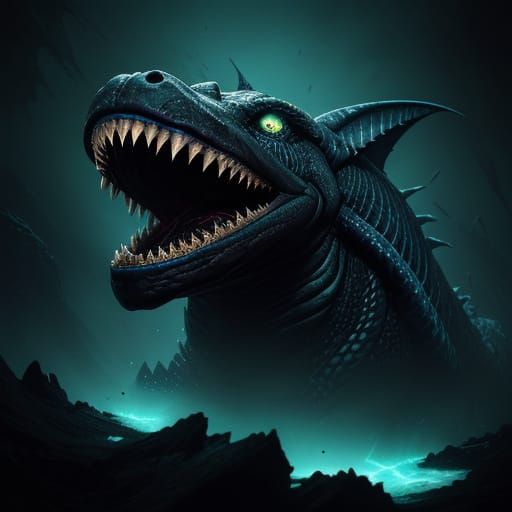 Abyssal Horror: Bioluminescent Fanged Lurker in Dark Fantasy