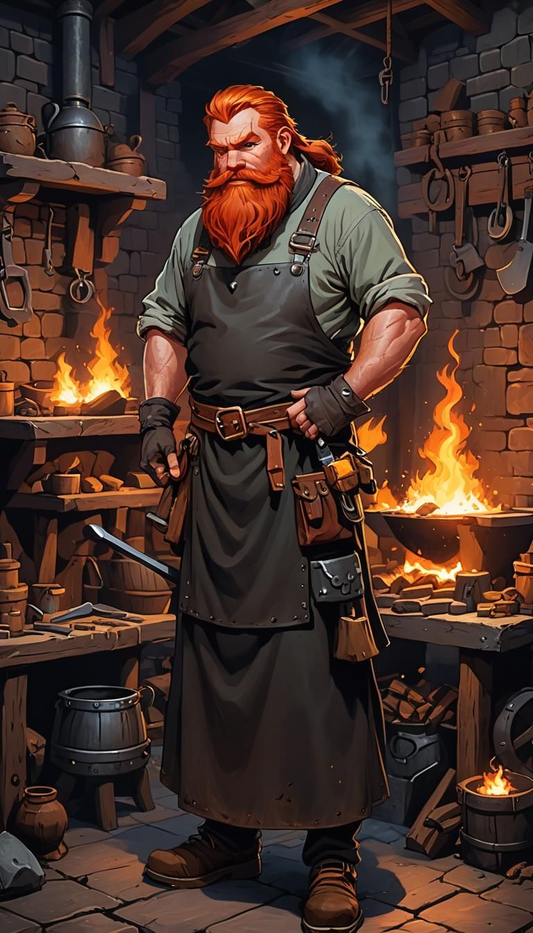 Cartoon Dwarf Blacksmith at Forge