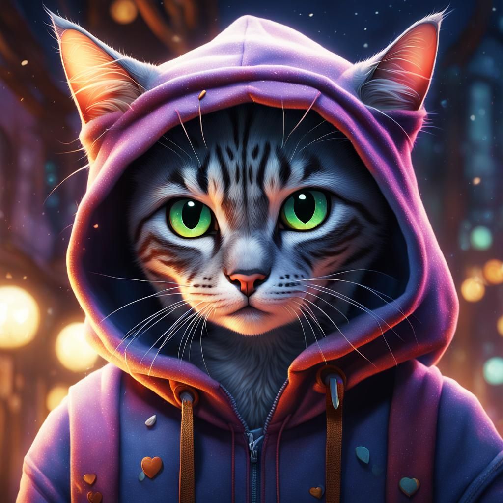 Cat in Hoodie: 2.5D Anime Fantasy Art
