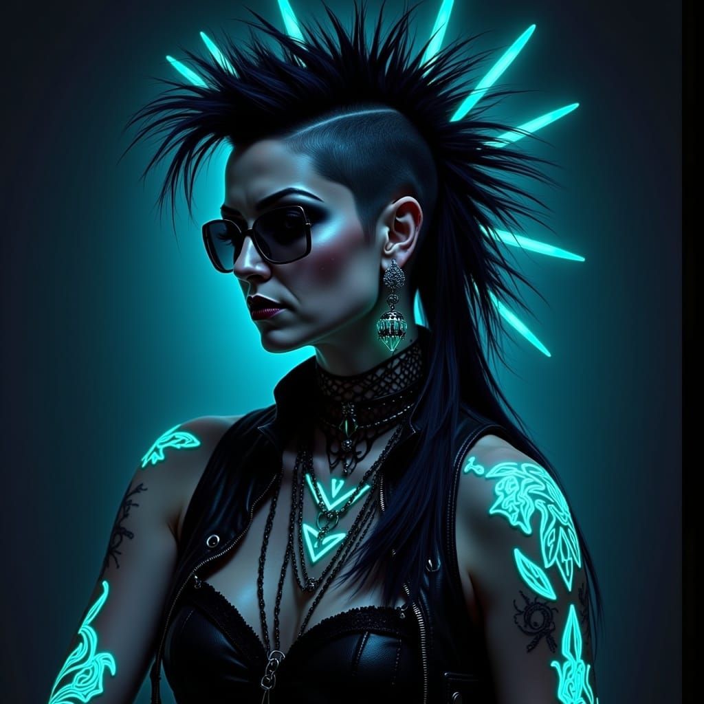 Gothic Granny with Bioluminescent Tattoos and Mohawk