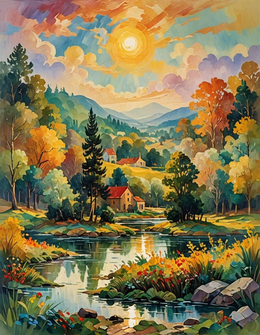 Impressionist Collage: Gouache Masterpiece in Golden Light