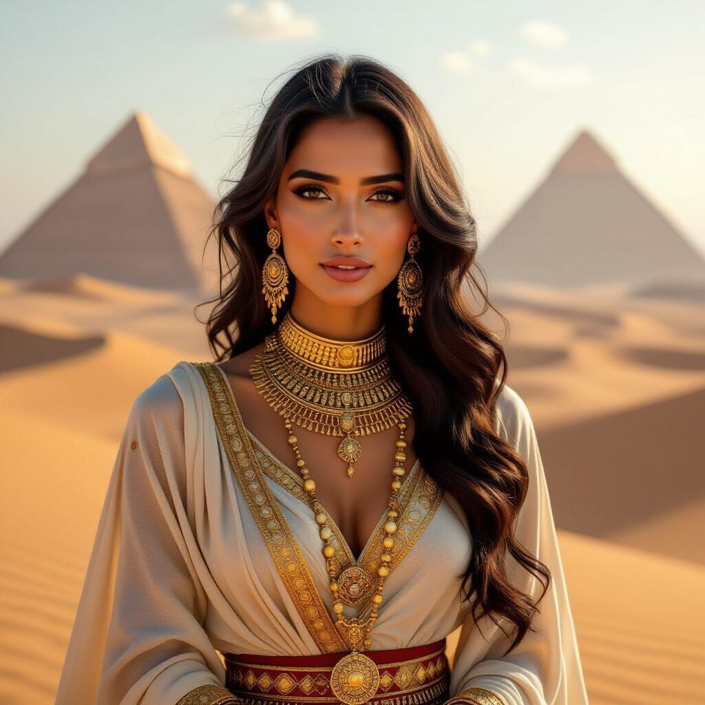 Egyptian Woman in Desert Landscape, Photorealistic Style