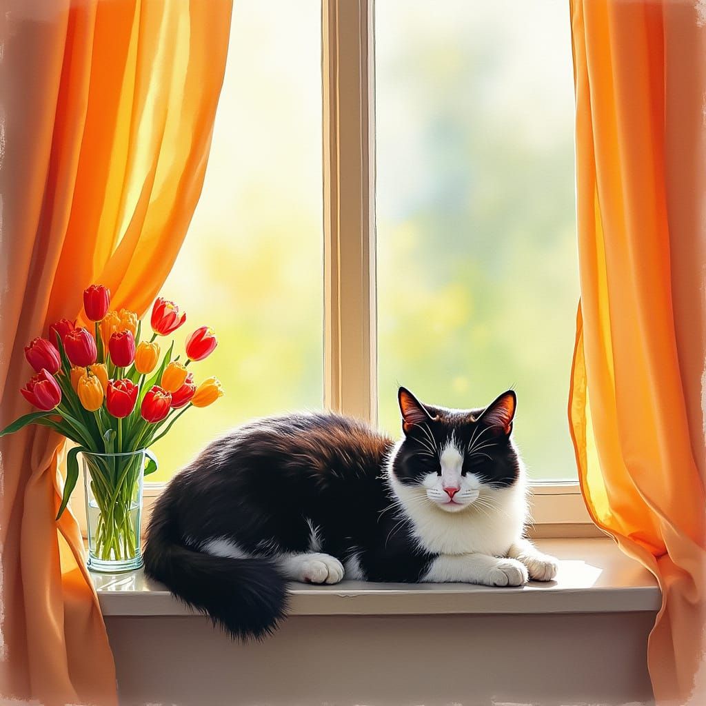 Whimsical Watercolour Cat in Warm Spring Light