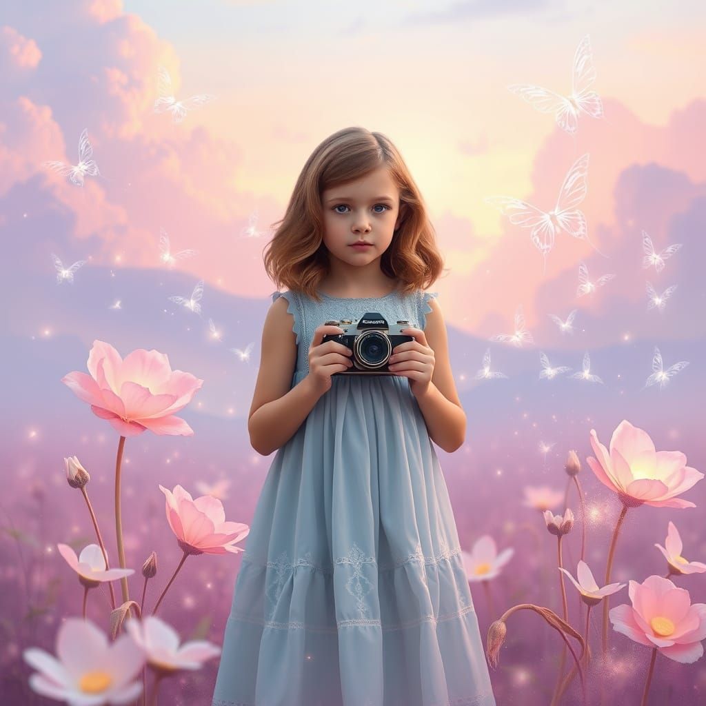 Young Girl in Dreamlike Landscape with Lavender and Pink Hue...