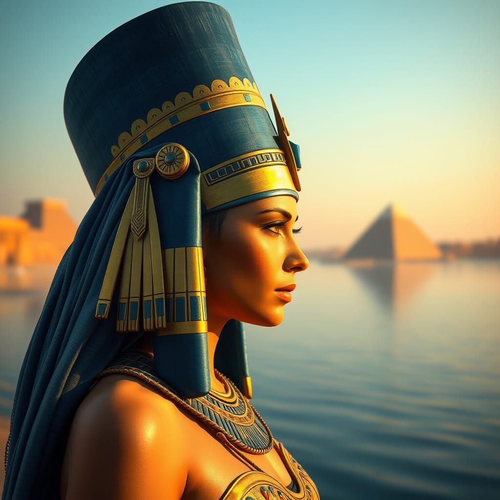 Ancient Egyptian Queen Stands Majestically by the Nile River