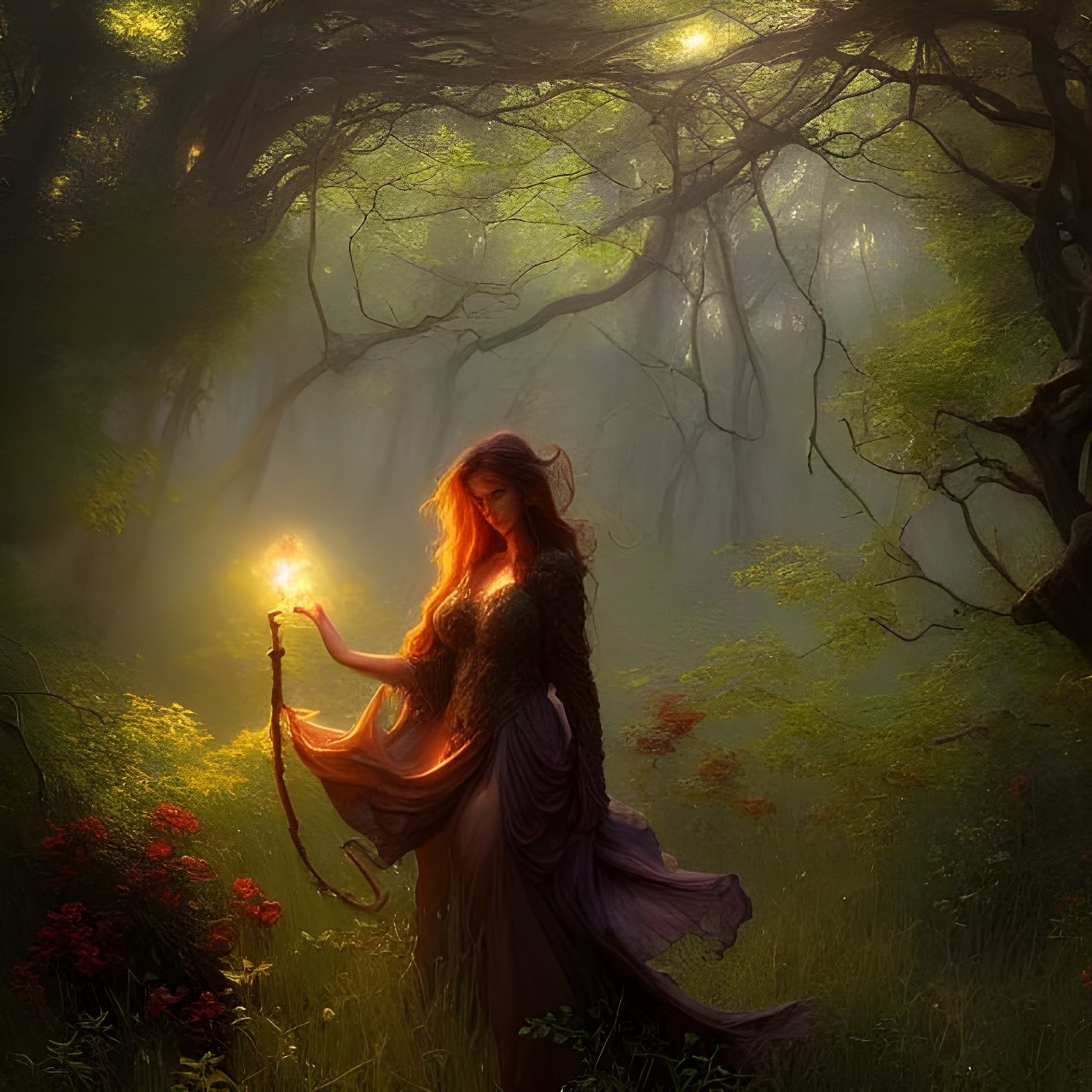 Magical Library in Forest Meadow: Oil Painting