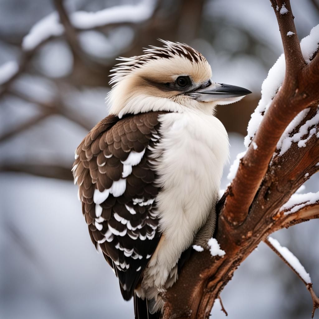 Kookaburra with Fluffy Feathers in Snowy Tree