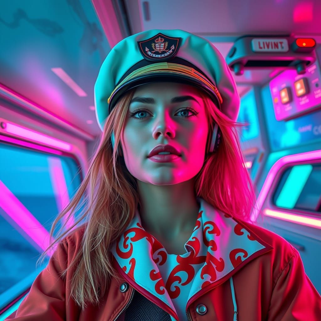 danish female captain in a bright colors and neon lights is ...
