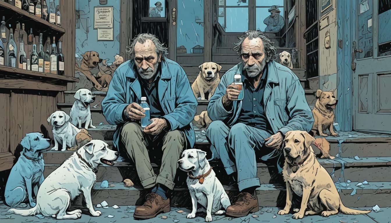 Man and Dog with Blue Ghosts, Comic Style