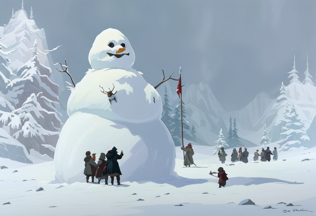 Giant Snowman Devouring Younglings: Dark Fantasy Art