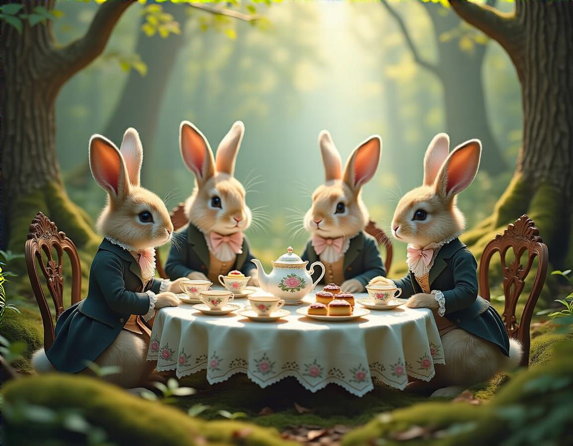 Victorian Rabbits Tea Party in Forest Clearing