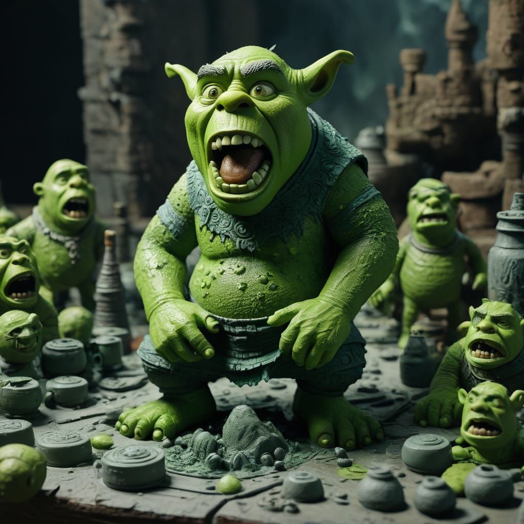 Scared Shrek Clay Figure in Acrylic Paint Studio