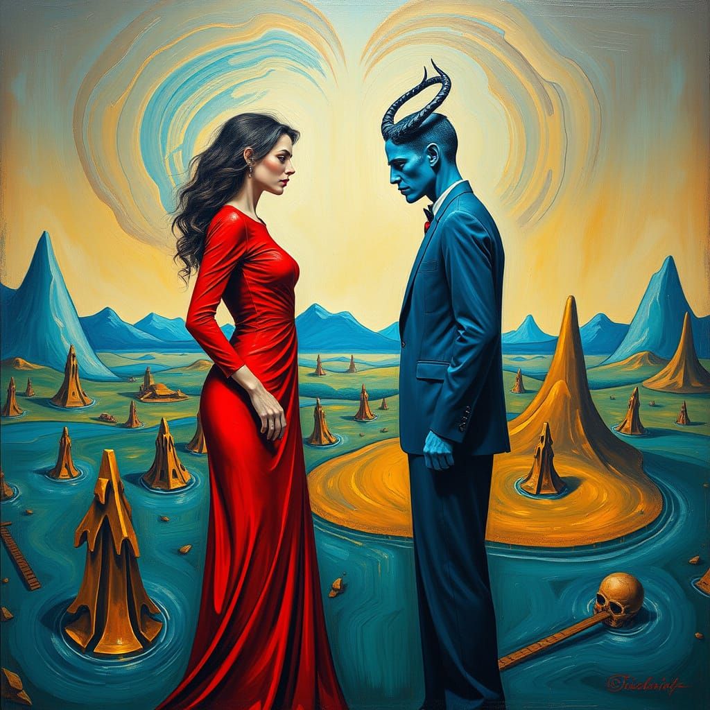 Good and Evil Merge in Dreamlike Surrealist Canvas