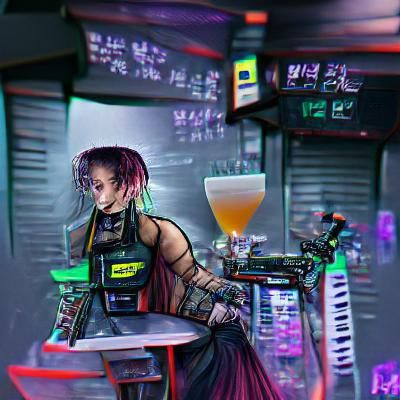 Cyberpunk Bartender Girl in Neon Cityscape