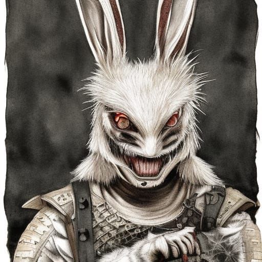 Vampire Rabbit Samurai in Watercolor Horror Style
