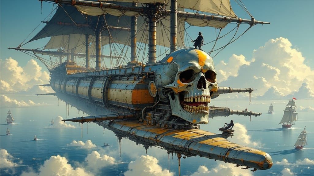 Futuristic Pirate Ship Gliding Above Clouds